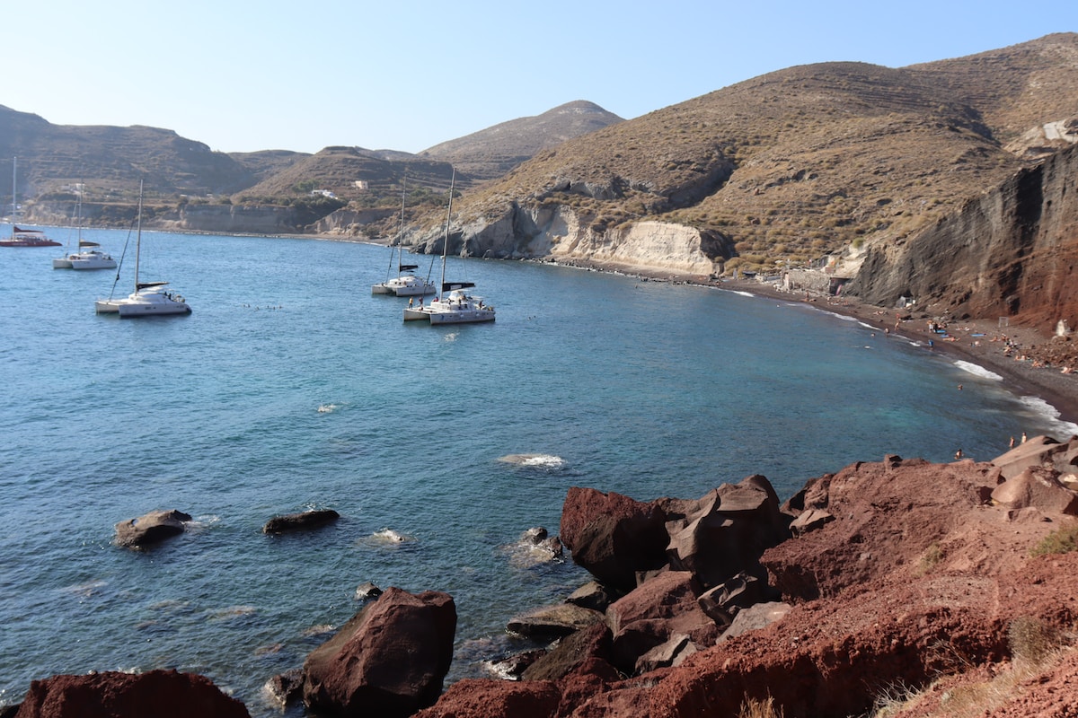 high angle photo of ocean - Red Beach Santorini